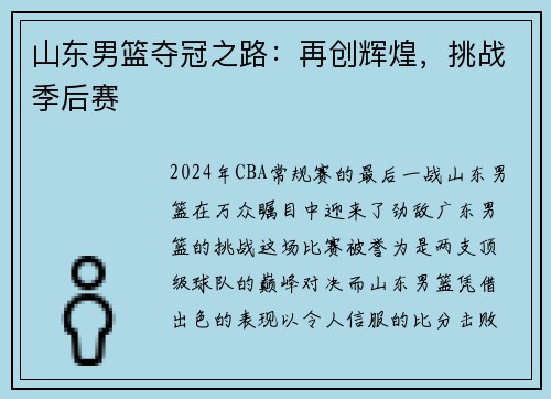 山东男篮夺冠之路：再创辉煌，挑战季后赛